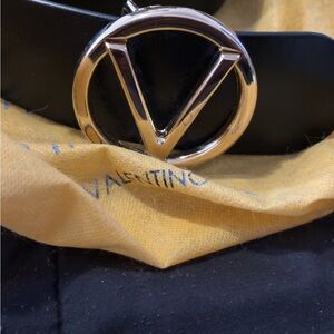 Valentino Black Leather Belt with Gold Accent